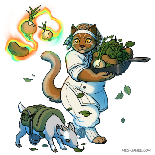 Fullbody illustration of Nem Orossa, an anthro cat in a chef's outfit, holding a pan full of vegetables and levitating several more with vegetables. Alongside her is Emi the goat.
