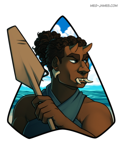 Portrait of an orc holding an oar and standing before an ocean shore, framed in the shape of a shark tooth.