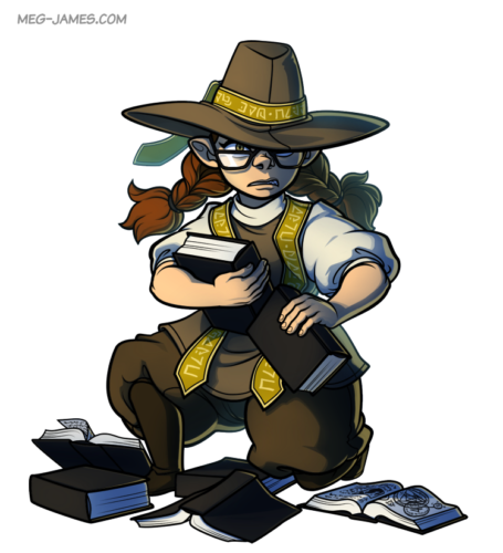 Fullbody illustration of Harriet Crook, a half-elf half-gnome wizard. She is crouched down and picking up a pile of books from the floor while scowling at the viewer.