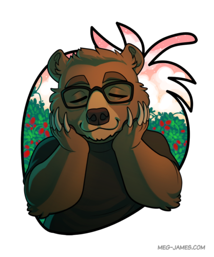 Portrait of Nutmeg, an anthro grizzly bear, smiling and standing before a field of strawberries at sunset, and framed in a strawberry shape.