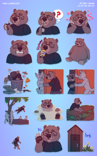 15 stickers of Nutmeg the bear: approval; confusion; adoration; cringe; drinking prune juice; DJUNGELSKOG bear; Nutmeg digging through the trash; Nutmeg shoving a nerdy generic 