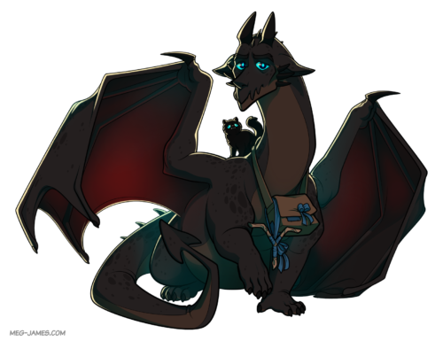Fullbody illustration of Omid, a black dragon, and his cat, Capper.