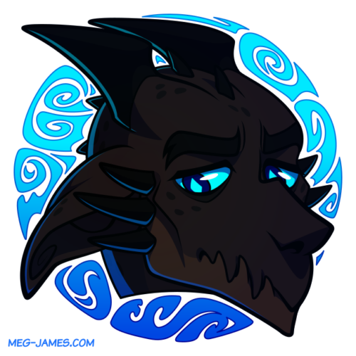 Icon of Omid, a black dragon, framed in a decorative blue and sky blue circle that resembles splashing water and swirling wind.