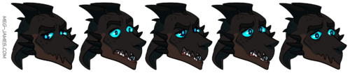 Five simple portraits of Omid the dragon, each with a different expression: neutral, surprised, angry, scared, and 