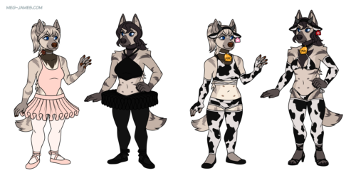 Simple, flat-colored drawings of Sapphire and Yasmin, both anthro hyenas. There are two drawings of each, with each drawing showing a different outfit. The first shows Sapphire wearing a pale pink ballerina-inspired dancer outfit; the second shows Yasmin wearing a black ballerina-inspired dancer outfit; the third shows Sapphire wearing a sexy cow print outfit with a cow-horns headband and cowbell collar; the fourth shows Yasmin wearing a different sexy cow print outfit with a cow-horns headband and cowbell collar.