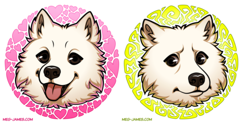 Two icon of Panda, a Samoyed dog: The first is framed in a decorative pink circle with a heart pattern, and she has a happy expression; the second is framed in a decorative sickly-yellow circle with a bad vibes pattern, and she has a very nervous expression.
