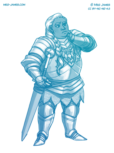 Clean sketch of Persephone, a human woman clad in plate armor, rubbing the back of her neck and looking nervous. The sketch is toned in blue.