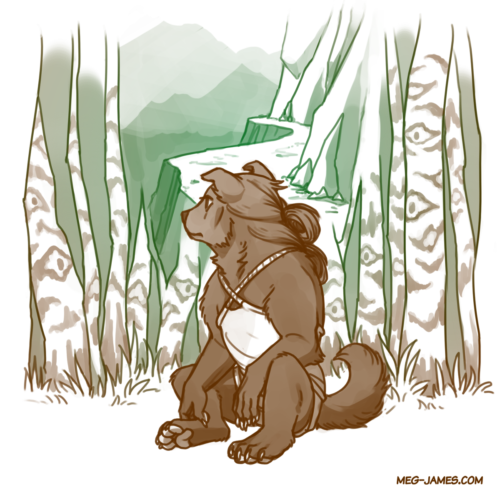 Clean sketch of Dagharth, a bargh scry. She sits in a forest and looks out through the trees, having a vision of a mountain pass. The sketch is toned in brown and green.