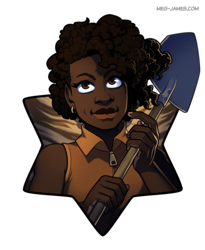 Portrait of Kaditou Valor, a human, holding up a shovel and standing in a dusty, arid canyon. She is framed in a six-pointed star.