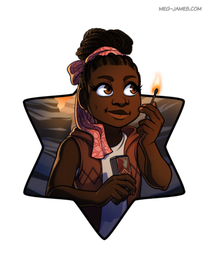 Portrait of a human girl, Igna Valor, smiling and holding a matchbox in one hand and a lit match in the other. She stands in a rocky canyon at dusk, and is framed in a six-pointed star.