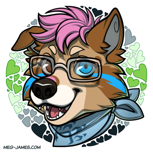 Icon of Bowie, an anthro dog, framed in a decorative circle colored like the agender flag.