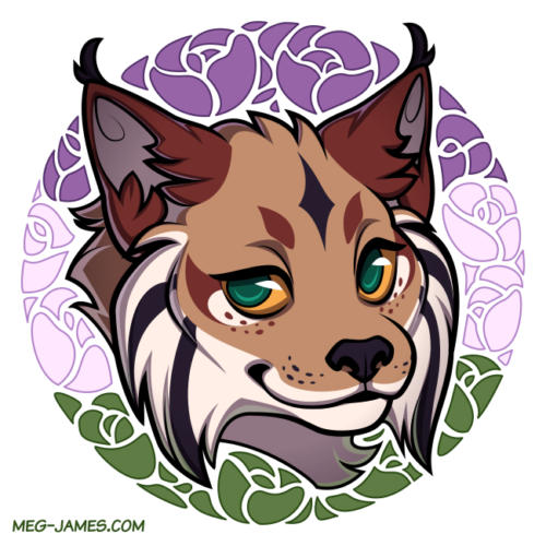 Icon of Dusty, an anthro eurasian lynx, framed in a decorative circle colored like the genderqueer flag.