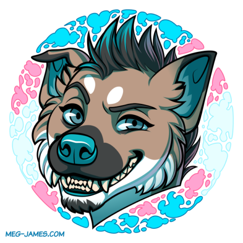 Icon of Mutt, an anthro striped hyena, framed in a decorative circle colored like the transgender flag.