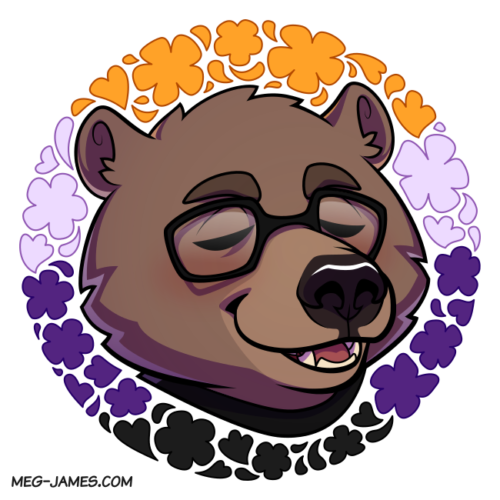 Nutmeg, anthro grizzly bear, framed in a decorative circle colored like the nonbinary flag.