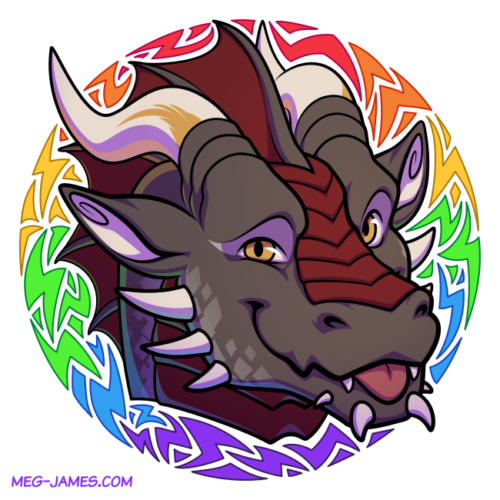 Icon of Rhor, an anthro dragon, framed in a decorative circle colored like the rainbow pride flag.