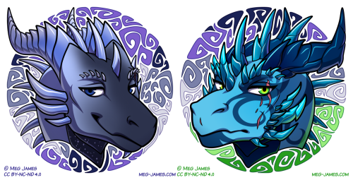 Left, icon of Saphira, a gray-purple dragon, framed in a decorative circle colored like the aegosexual flag. Right, icon of an unnamed blue dragon, framed in a decorative circle colored like the aromantic-asexual flag.