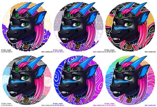 Six icons of Calyo Delphi, a rubbery dragon-like anthro. Each is framed in a decorative circle colored like a different pride icon: nonbinary, asexual, rubber & latex pride, demiboy-demigirl, genderfluid (gradient), and mingender-fingender.