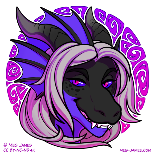 Icon of Qeli, an anthro dragon, framed in a decorative purple and pink circle that resembles swirling smoke.