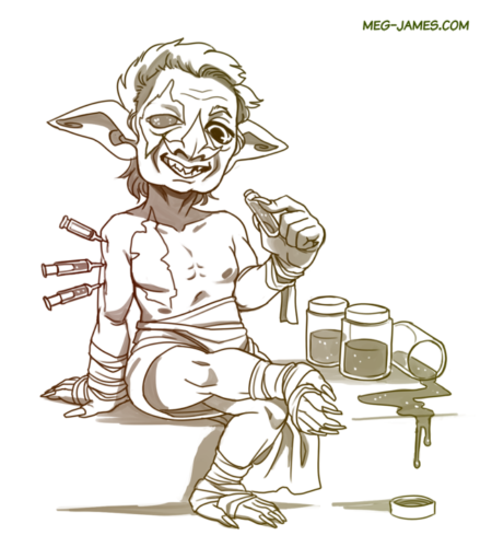 Clean sketch of Desttor, a goblin, inspecting a vial of liquid, with several other jars nearby, and multiple syringes stuck into his arm.
