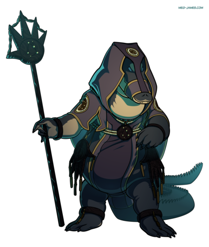 Fullbody illustration of a dreggle (lizardfolk) priest in ceremonial garb made of cloth and decorated with glass and bone beads and dark-colored bog wood. She carries a long staff with a claw-shaped head, also made of bog wood.