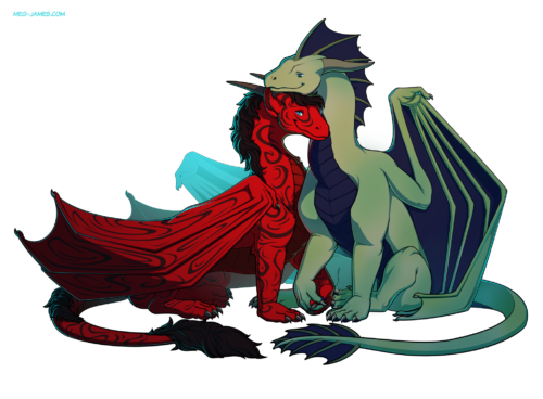 Fullbody drawing of two dragons holding hands and cuddling: Edritch, a red-furred dragon with a black mane and stripes, and Kaitax, a pale green dragon with deep blue fins and wings.