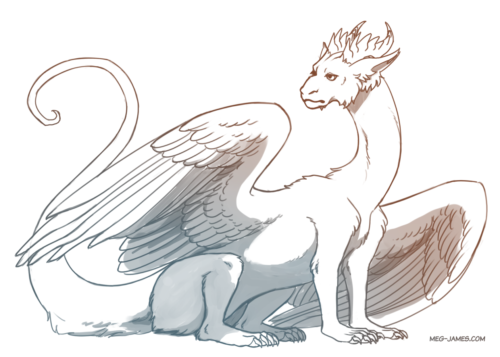 Clean sketch of Ramis, a malaika (furred and feather-winged dragon).