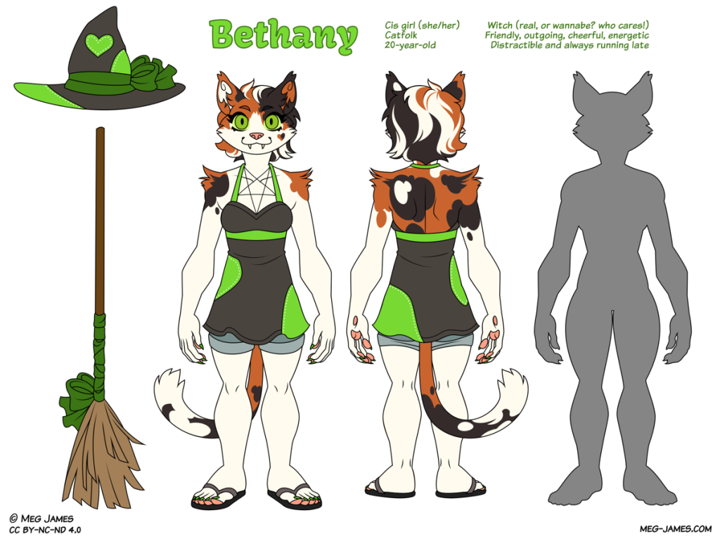 Reference image of Bethany. Cis girl (she/her); Catfolk; 20-year-old. Witch (real, or wannabe? who cares!); Friendly, outgoing, cheerful, energetic; Distractible and always running late. The reference image includes the character's witch hat and broomstick, a front view of the character, a back view of the character, and a silhouette to show the character's shape.