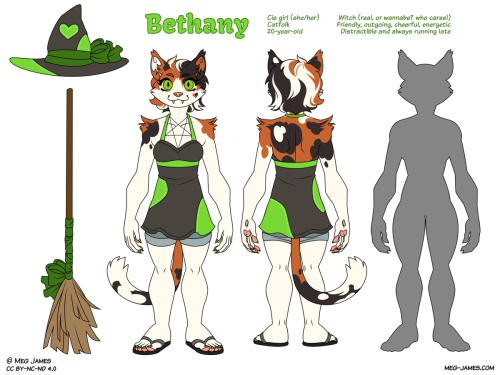 Reference image of Bethany. Cis girl (she/her); Catfolk; 20-year-old. Witch (real, or wannabe? who cares!); Friendly, outgoing, cheerful, energetic; Distractible and always running late. The reference image includes the character's witch hat and broomstick, a front view of the character, a back view of the character, and a silhouette to show the character's shape.