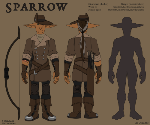 Reference image of Sparrow. Cis woman (she/her); Wood elf; Middle-aged. Ranger (monster slayer); Persistent, hardworking, reliable; Stubborn, mistrustful, unsympathetic. The reference image includes the character's longbow, a front view of the character, a back view of the character, and a silhouette to show the character's shape.