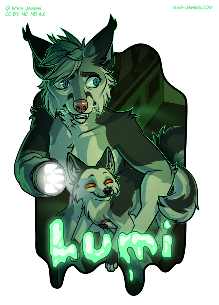A badge drawing of Lumi, a fennarix, holding a flashlight in one hand and her wretched, dastardly companion Foxbot under her arm. She looks terrified as she explores a haunted mansion, although Foxbot looks smug. The name "Lumi" is at the bottom of the badge, styled like slimy ectoplasm.
