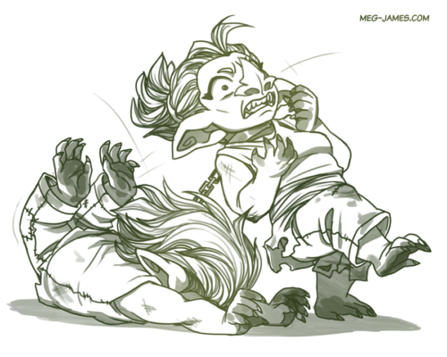 Clean sketch of two goblins, Filth and Foul, toned in a muted yellow-green. Filth has fallen over, pulling on the chain that joins her to Foul by their necks, thereby startling and choking Foul.