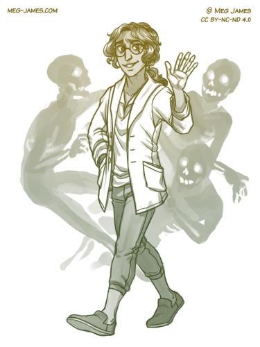 Clean sketch of Smythe, a human man wearing glasses and a coat, waving cheerfully and surrounded by the souls of the damned. The sketch is toned in yellow.