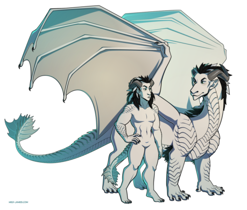 Fullbody drawing of a character, Soo Foun, in her humanoid form as well as her dragon form. Her humanoid form is androgynous, with white scaled skin, a mane of black and white feathers, silver horns, and a finned tail. Her dragon form also has white scales, a mane of black and white feathers, silver horns, and a finned tail, as well as membranous wings. The two forms stand side by side to show their relative sizes.