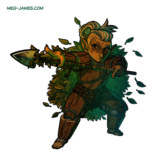Fullbody drawing of Miriel Aliwyn, a gnome. She is wearing wooden armor and a leaf cloak, and wielding a spear.
