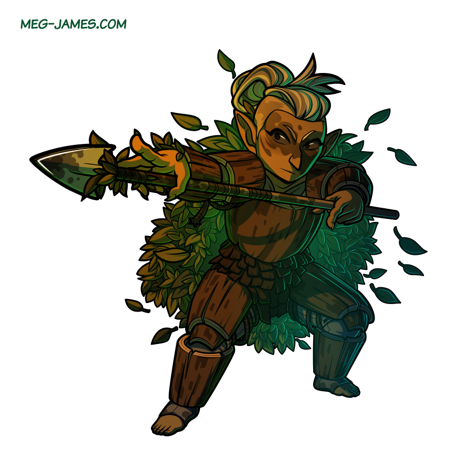 Fullbody drawing of Miriel Aliwyn, a gnome. She is wearing wooden armor and a leaf cloak, and wielding a spear.