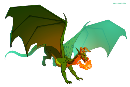 Fullbody drawing of Mayelstoronim, a green dragon breathing fire while leaping forward with wings spread.