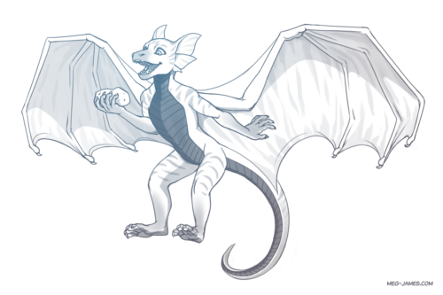 Clean sketch of Norna, an anthro dragon, flying and holding a potato.