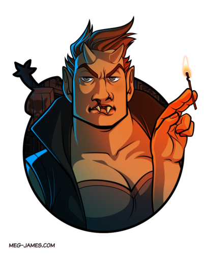 Portrait of Henny Summer, an orc, holding a lit match. She stands before a dark area full of crates and is framed in a bomb shape.