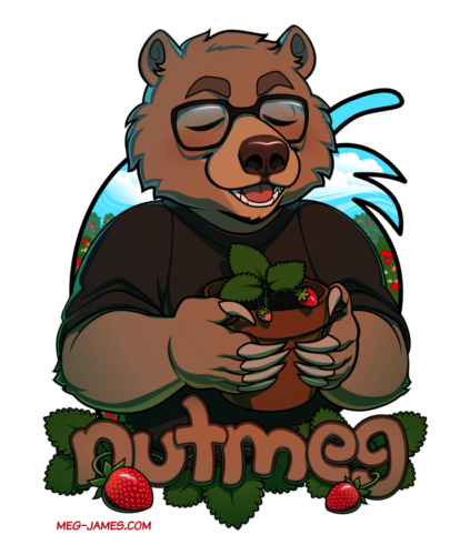 Portrait of Nutmeg, an anthro grizzly bear with sleepy eyes and glasses, holding a potted strawberry plant. They stand before a field of strawberries framed within the shape of a strawberry. The name 