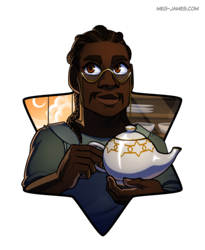 A bespectacled human man, Augustis Castell, holding up a rather nice teapot. He stands indoors in front of a window at sunset and is framed in a six-pointed star.