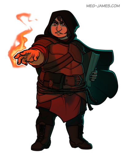 Fullbody illustration of Otto Ramaker, a cloaked half-elf, holding a book in one arm and aiming a fire spell with his other hand.