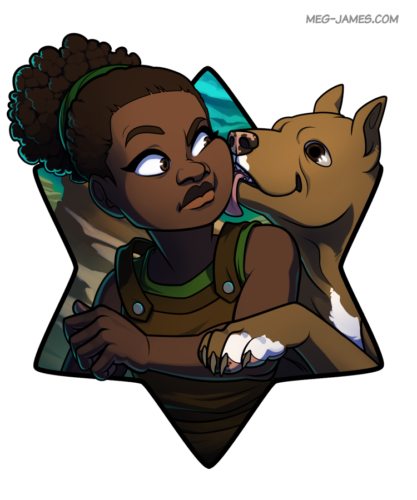 Portrait of Marise Valor being jumped on by her dog, Rainier. They stand in front of an arid landscape with a cloudy sky, and are framed in a six-pointed star.