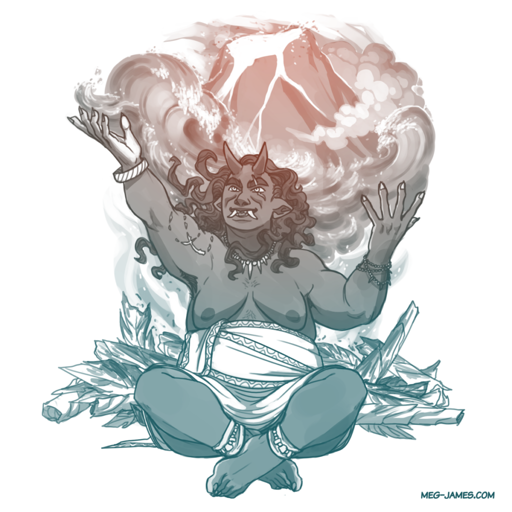 Clean sketch of Narhet, an ogre lorekeeper. They sit before a fire and make broad gestures with their hands as they recite a story. The details of their story unfold in the smoke above them. The sketch is toned in red and blue.