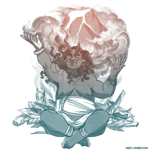 Clean sketch of Narhet, an ogre lorekeeper. They sit before a fire and make broad gestures with their hands as they recite a story. The details of their story unfold in the smoke above them. The sketch is toned in red and blue.