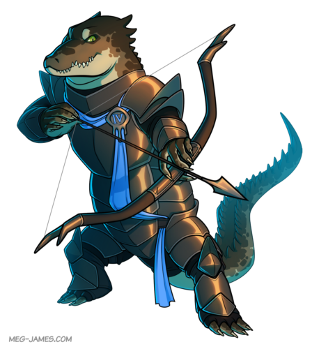 Fullbody illustration of Grelko, a dreggle, wearing a set of heavy armor and aiming a bow.