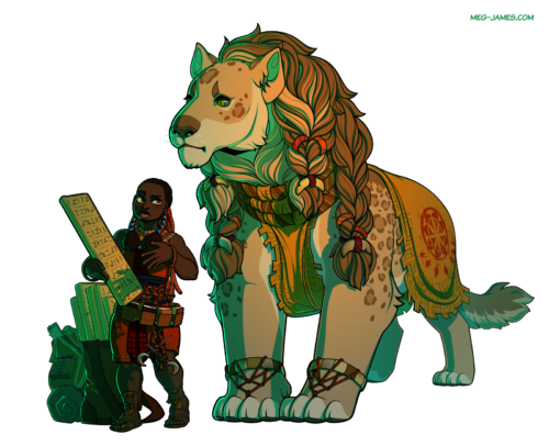 Fullbody illustration of a human and a mewel (large quadrupedal catfolk). The human is holding a large clay tablet with etchings on it and gesturing to it, as if asking the mewel a question. The mewel looks inquisitively at the tablet.