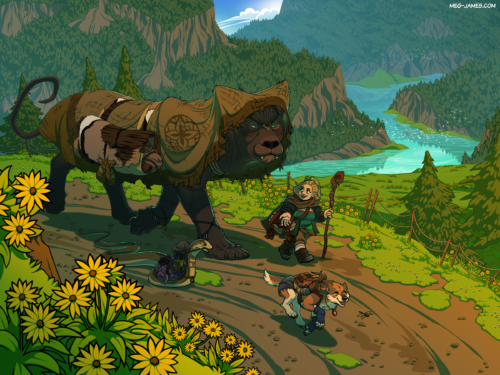 Illustration of four characters: a large hairless feline, a serpent, a gnome, and a canine. They are all carrying various styles of bags or packs and traveling along a path overlooking a river gorge. The gnome appears to be speaking to the feline and the serpent, while the canine is running ahead chasing a dragonfly.
