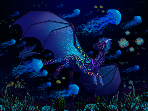 A fullbody drawing of Tiko, a purple dragon, covered in stripes of glow-in-the-dark body paint, swimming in dark waters among various colorful fish, bioluminescent jellyfishes, and glowing seaweed.