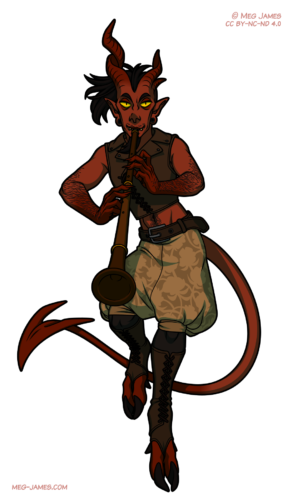 Full body drawing of Vaclav, a tiefling with reddish skin, mismatched horns, and hooves. He is looking slyly at the viewer and playing a shawm.