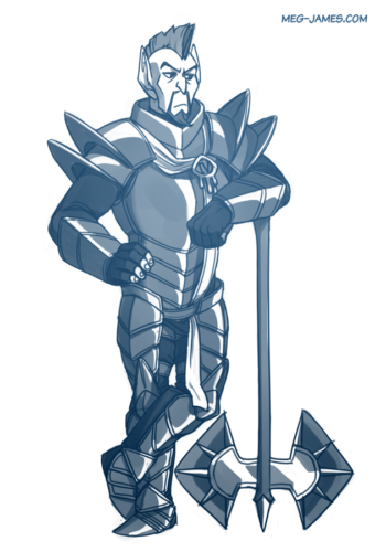 Clean sketch of Endoril Derys, an elf. He is heavily armored and leaning on a large poleaxe.
